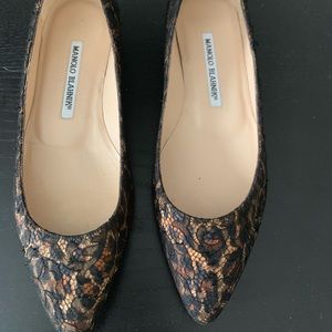 Manolo Blahnik Black Leopard Lace Overlay Flat.